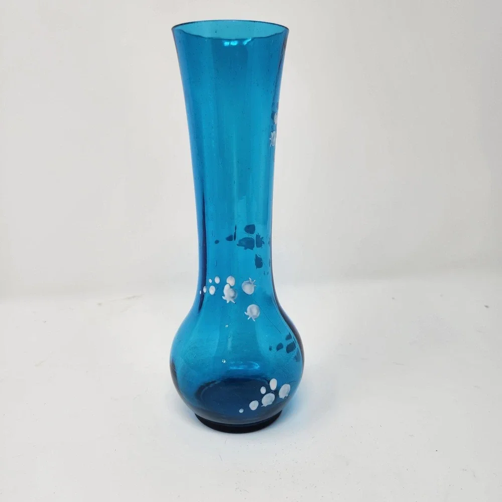 Vintage Small Dainty Blue Turquoise Glass Vase Vases Bulbous Hand Painted 7-5/8
